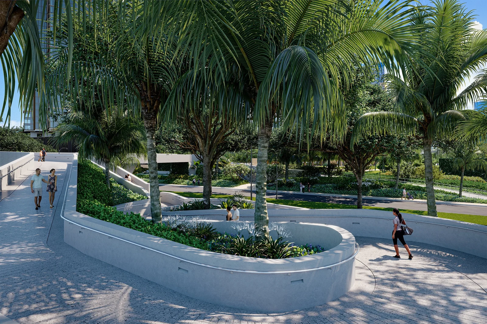 Design rendering of the Ala Moana Boulevard elevated pedestrian walkway from the makai side.