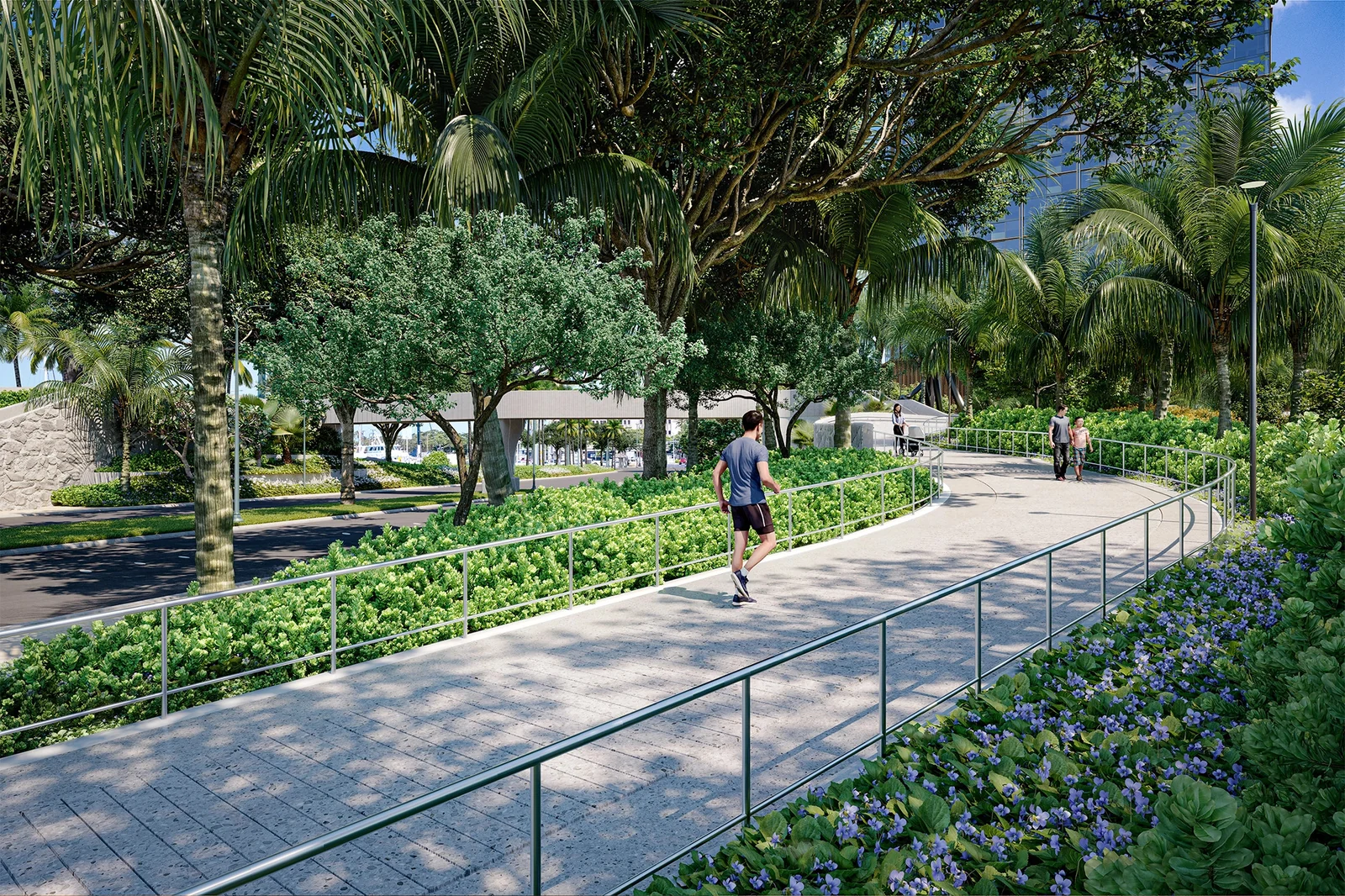 Design rendering of the Ala Moana Boulevard elevated pedestrian walkway from the mauka side.