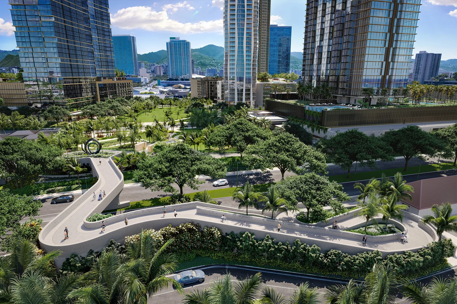 Overhead design rendering of the Ala Moana Boulevard elevated pedestrian walkway.