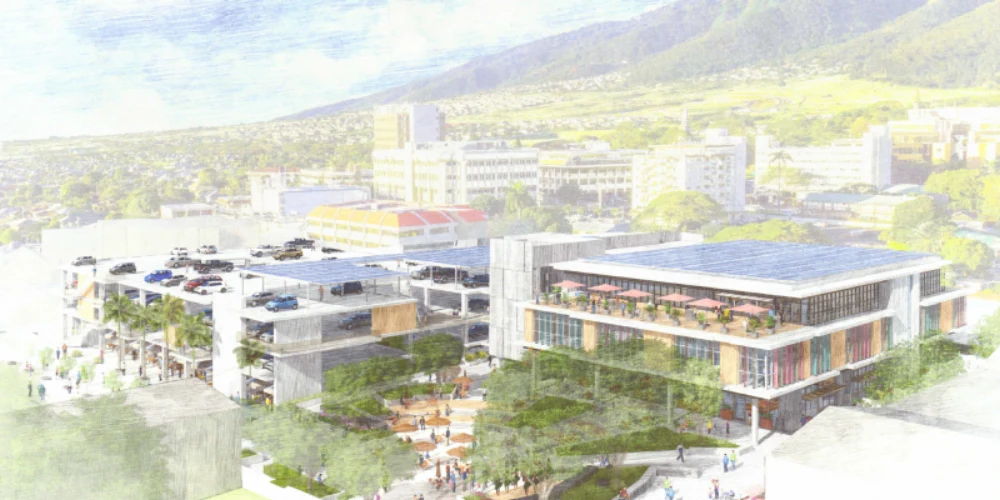 Rendering of the Wailuku Civic Complex and surrounding town improvements.